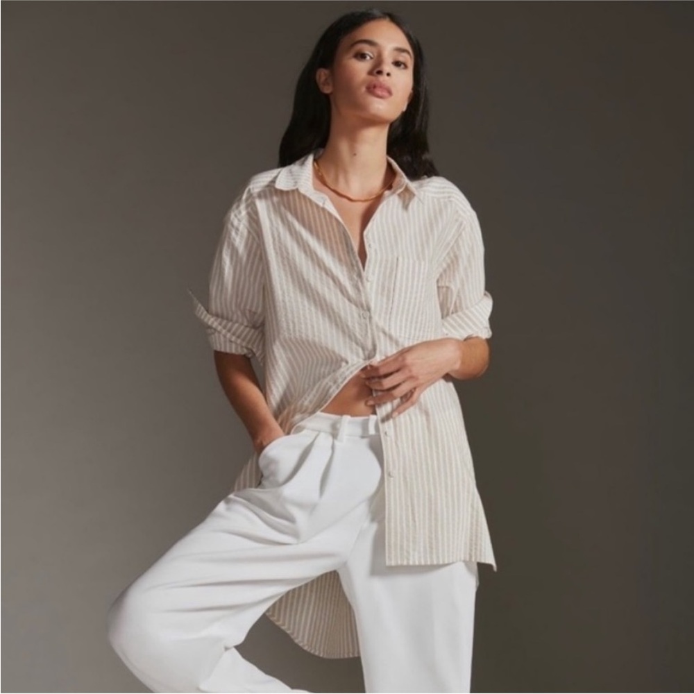 By Anthropologie Long Line Neutral Striped Button Down Shirt xs